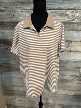 Allison Daley Striped Polo Top in Beige and White
